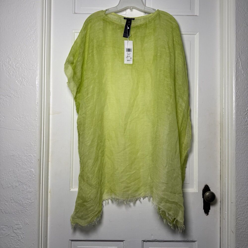 NWT Eileen Fisher Linen Tencel Poncho OS Field Green Sheer Italy Frayed Hem